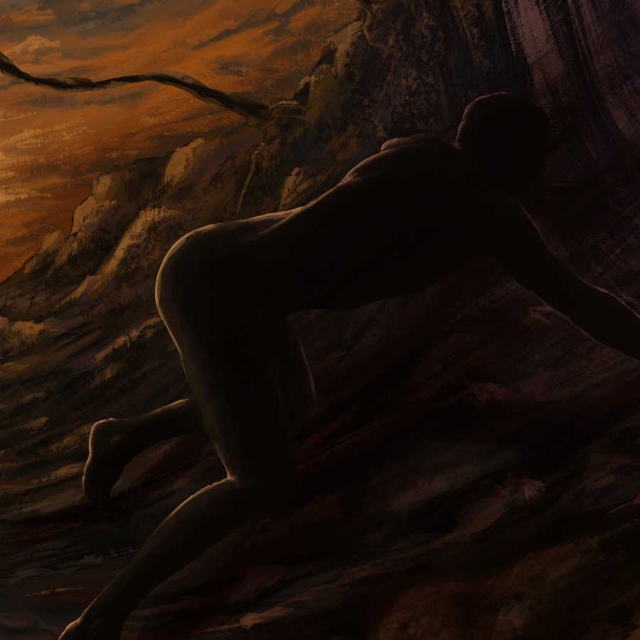 Detail of the cover: a dark human figure on hands and knees at the bottom right of the cave