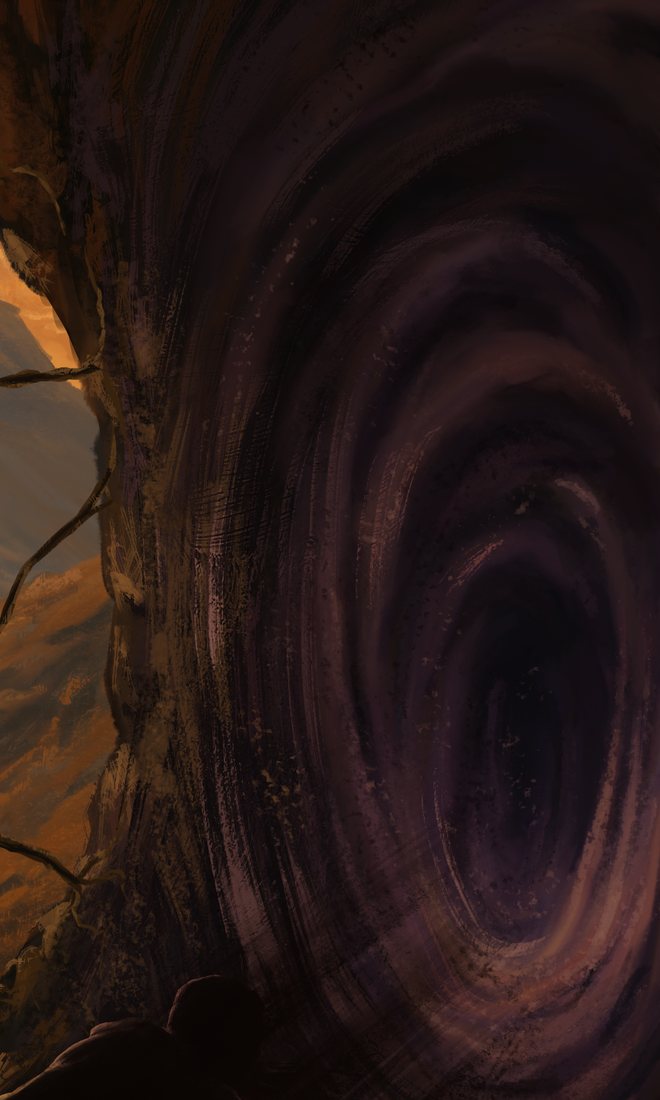 Detail of the cover: a dark violet whirlpool turning inside the right wall of the cave