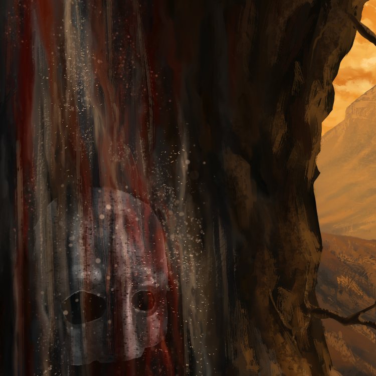 Detail of the cover: the left cave wall running red, with a pale face sinking into it